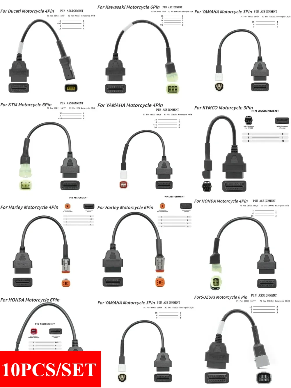 

10PCS/SET OBD Extension Cable OBD2 Connector Motorcycle Motobike 3/4/6Pin To 16Pin For KTM/YAMAHA/SUZUKI/Ducati/Kawasaki/HONDA