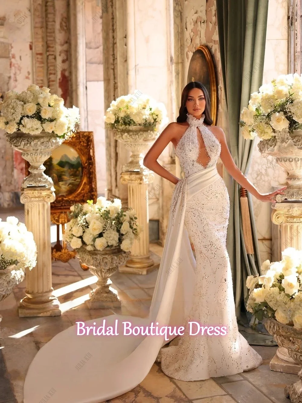 

Индивидуальные сексуальные открытые передние блестящие бусины с открытой спиной, жемчугом, камнями и блестками, 2 шт., свадебные платья русалки, Vestido De Noiva