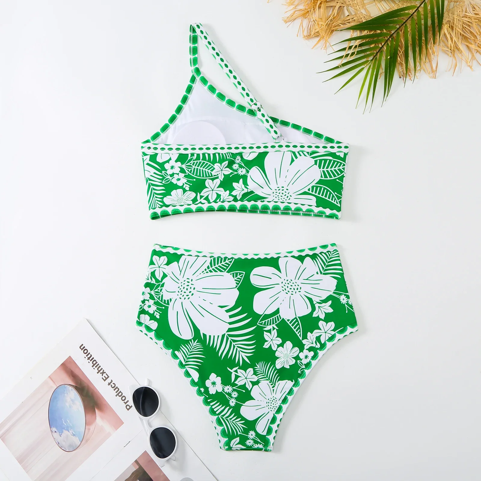 Fashion Retro Green Printed Bikini Set for Women 2024 Sexy One Shoulder Split Swimsuit Cover Up Beach Skirt for Beach Vacation