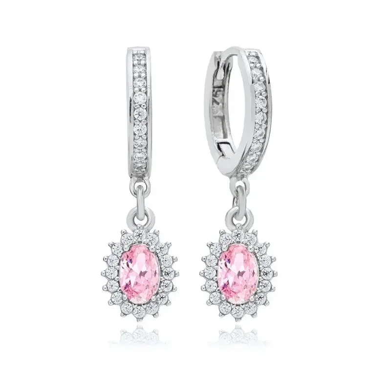 925 Sterling Silver Needle Pink Zircon Geometric Pendant Silver Hoop Earrings Huggies Romantic Cute Girls Gift Fashion Jewelry