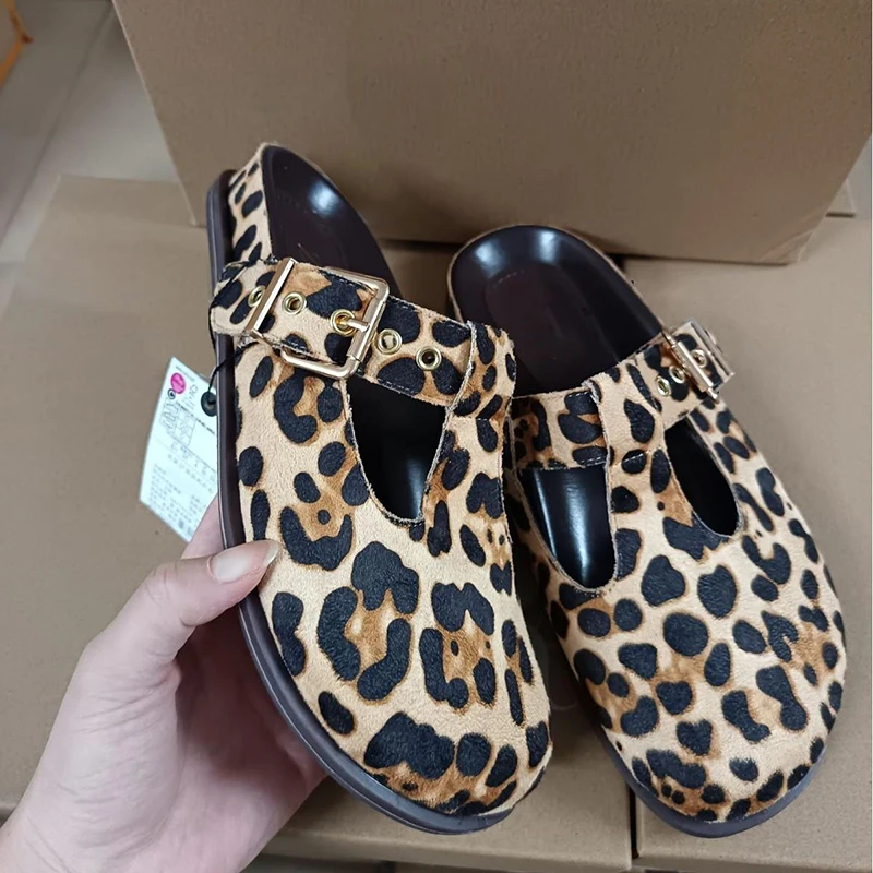 TRAF Leopard Print Closed Toe Flatform Slippers Women Round Head Thick Sole Slingback Shoes Animal Print Flat Slipper For Woman