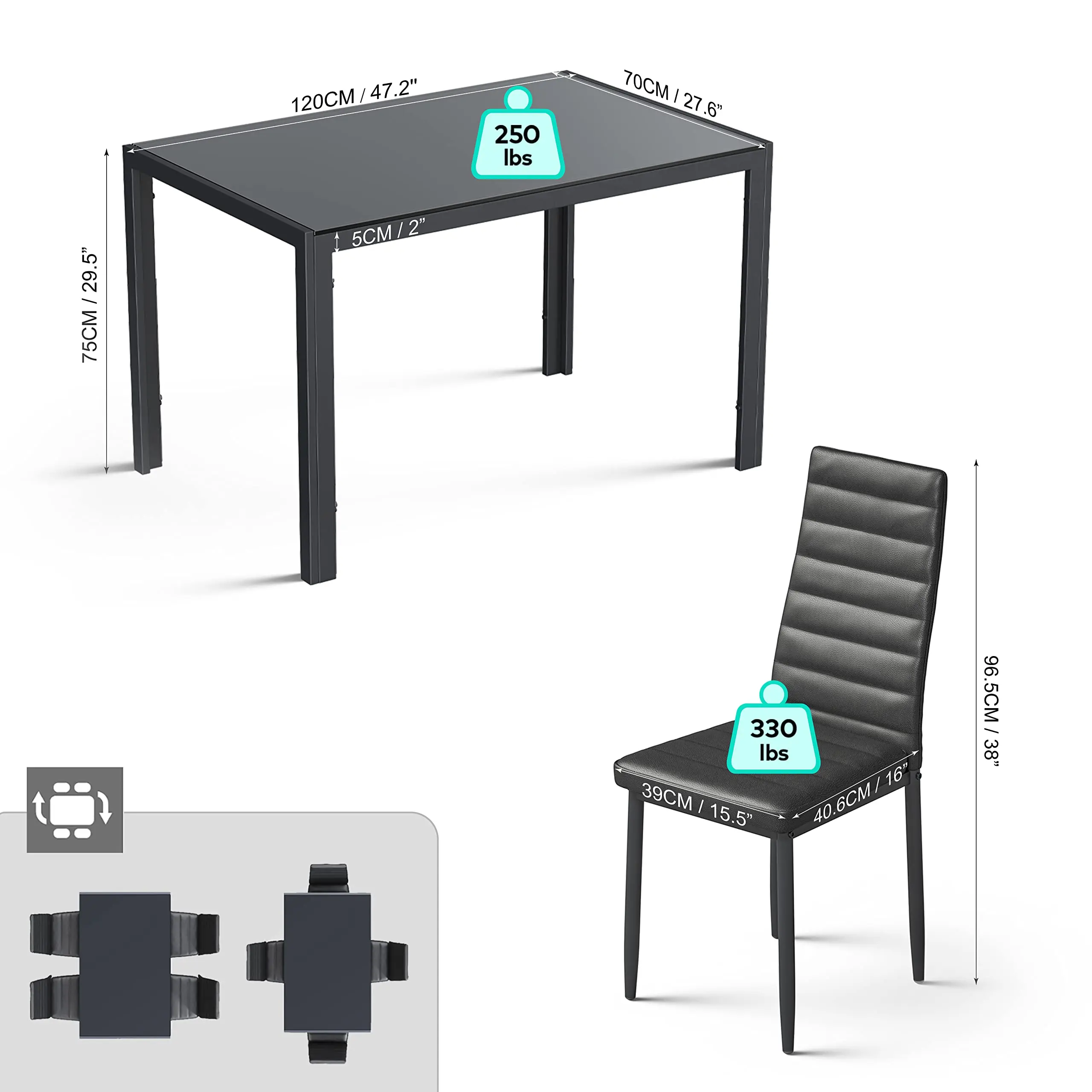 5-Piece Glass Dining Set, Modern Kitchen Table Furniture for Dining Room Kitchen 4 Upholstered PU Chairs  Metal Steel Frame