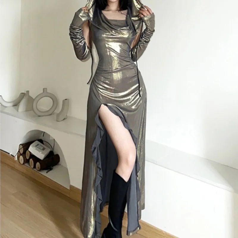 Future Glossy Swing Collar Dress with Sleeves Slimming Slit Long for Women