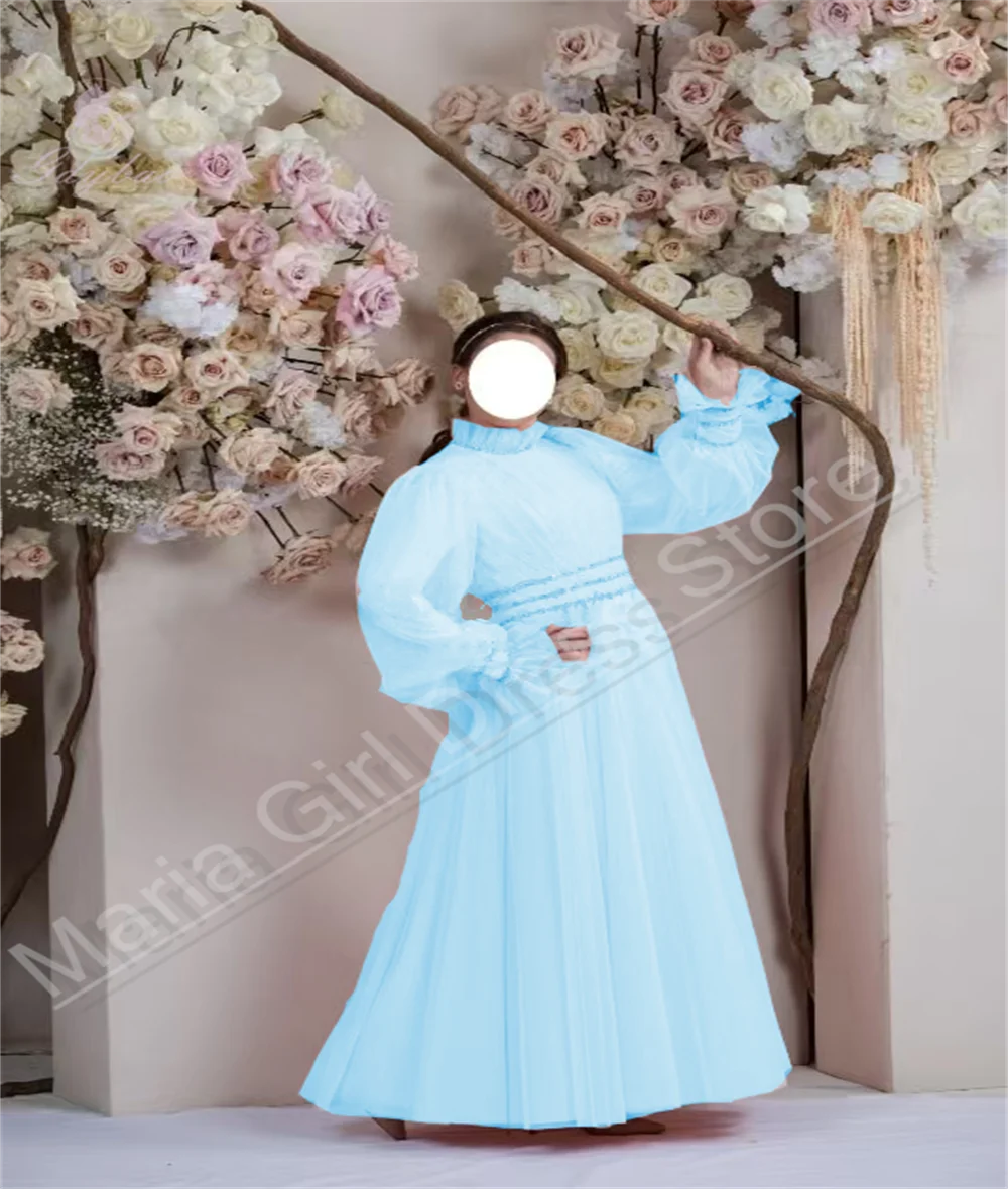 맞춤 부티크 신부 자매 드레스 튤 긴팔 하이넥 롱 걸 첫 영성체 생일 파티 연회 드레스