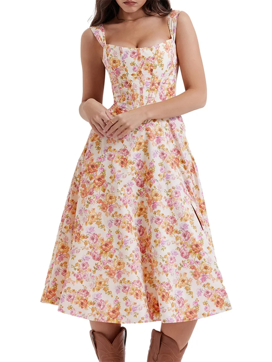 

Women Floral Print Corset Long Dress Summer Vintage Square Neck Split Boho Holiday Party Dress Midi Sundress Vocation