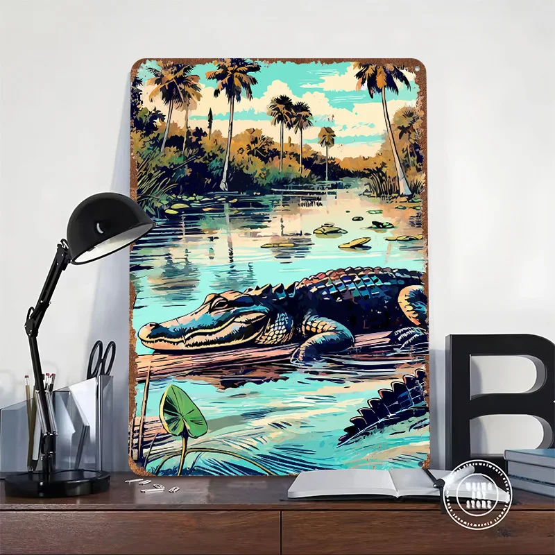 Alligator in Swamp Poster Customized Wall Art Vintage Metal Signs Retro Tin Plaque for Man Cave Living Room Decoration Home Deco