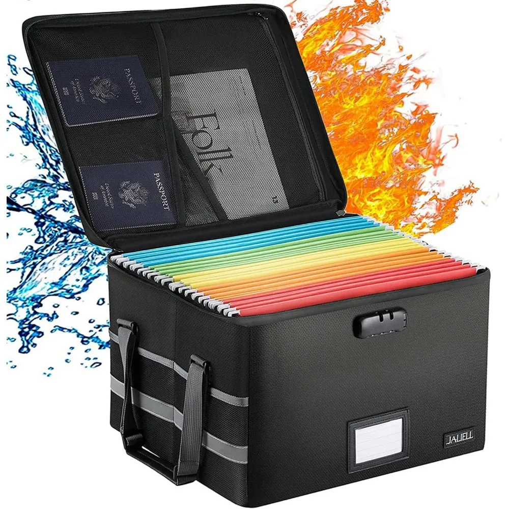 

Fireproof Collapsible File Storage Box with Zippered Closure and Adjustable Handle for Home Organization