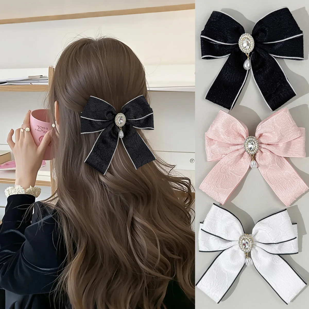 

20 Pcs/Lot, Fashion Ladies' Ribbon Bow Hair Clips With Rhinestone Pearl For Women Hair Accessories