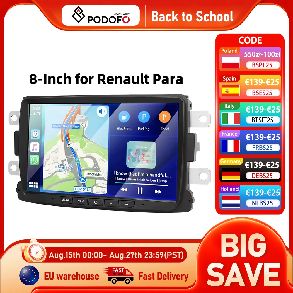 Podofo 8 ''Android Autoradio Per Renault Dacia/Sandero/Captur Auto Stereo Carplay Android Auto 4Core WIFI GPS di Navigazione EQ RDS