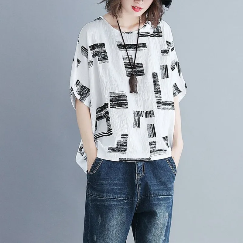 Cotton and Linen Women's Clothing Short-sleeved Age-reducing Belly Cover T-shirt Crew Neck Loose Top Oversized T Shirt