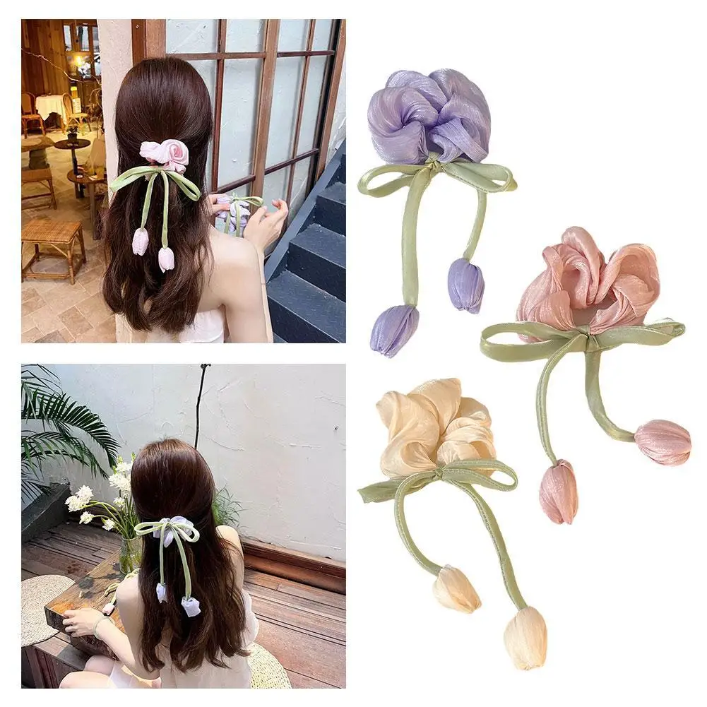 Tulip Large Intestine Hairband Head Rope Female Tie Ponytail Leather Tie Hair Rope Butterfly Knot Satin Sweet and Cute Headwear