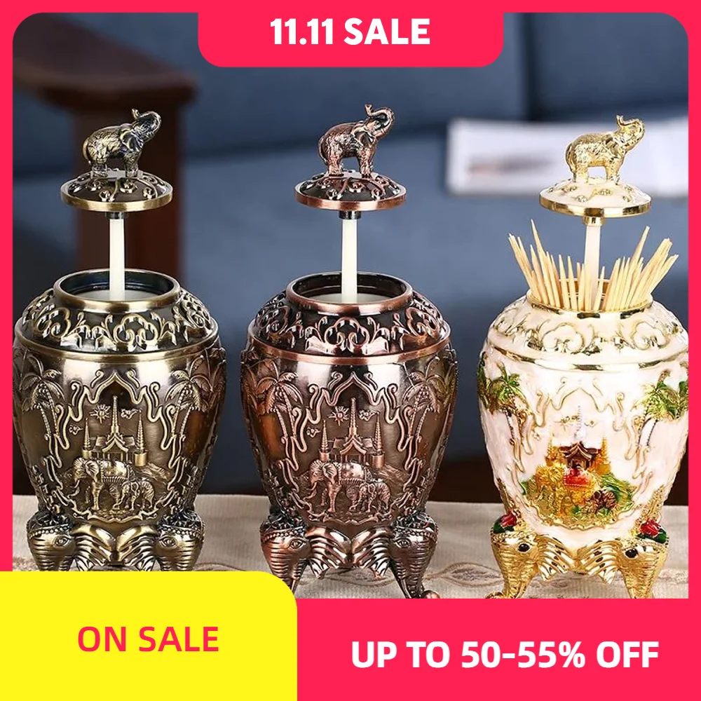 European-style Automatic Toothpick Cylinder Alloy Retro Elephant Toothpick Storage Rack Box Home Desktop Decoration Decoration