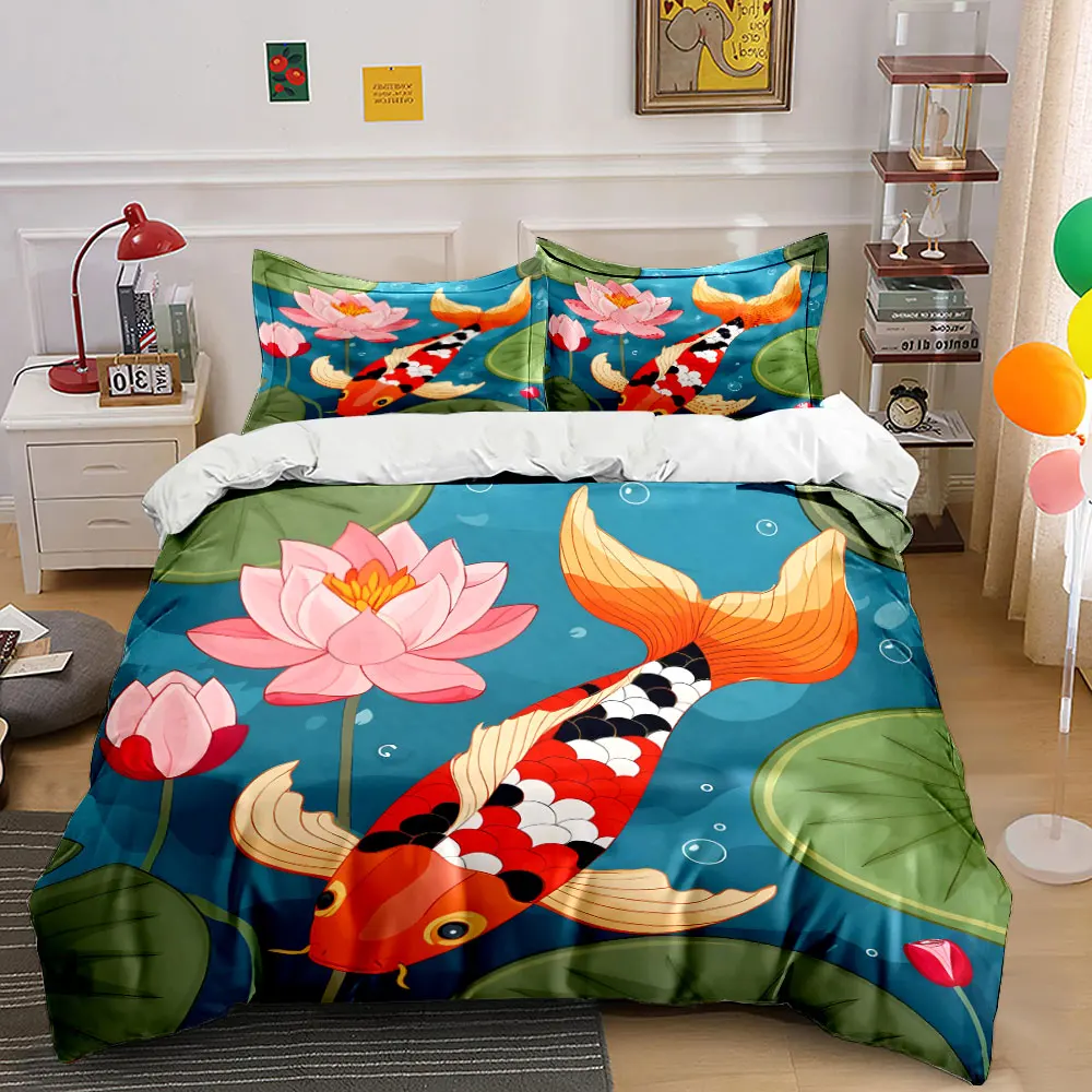 Koi and lotus in tranquil pond Print Bedding Set 1 Duvet Cover 2 Pillowcases for Adult and Children Luxury Gift Full Size