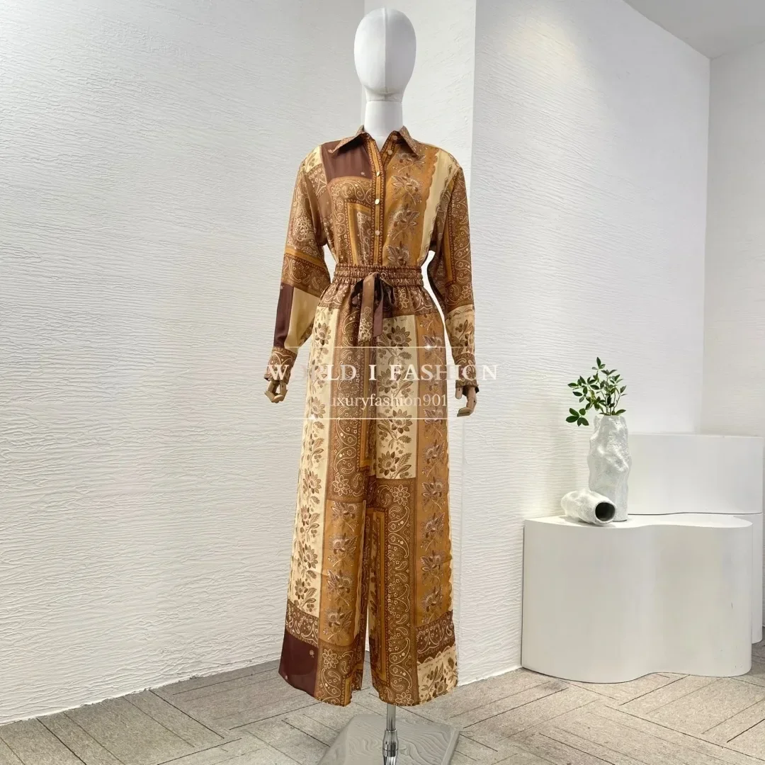 

High Quality Brown Paisley Print Long Sleeve Lapel Blouse Tops and Pants Set Silk