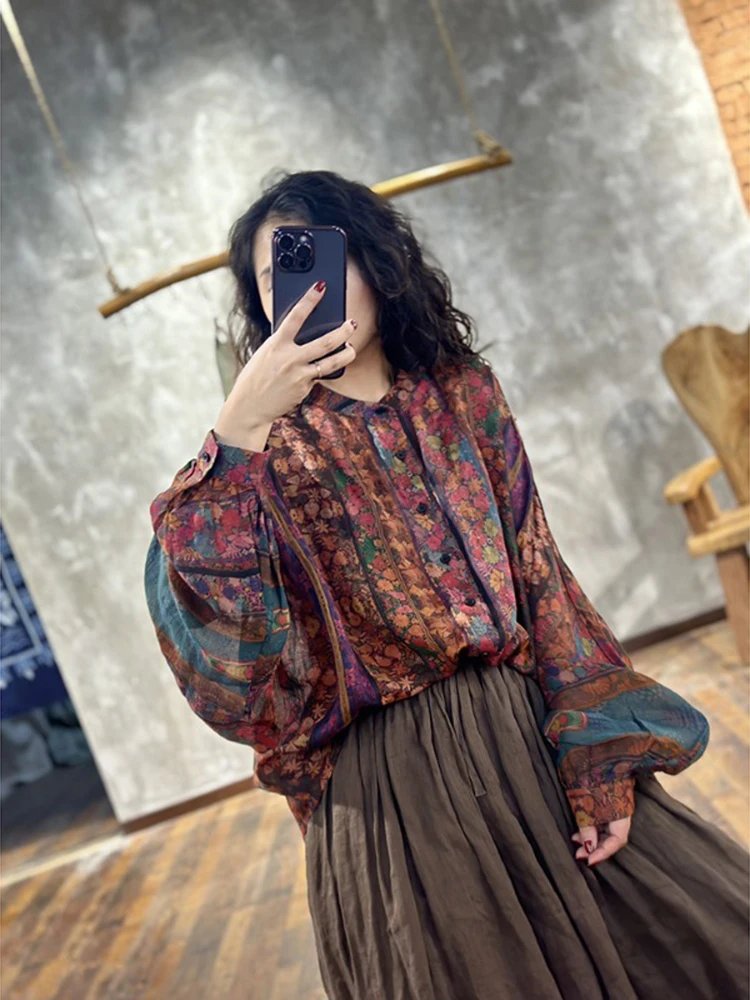 Retro Contrast Color Print Large Size Flax irt for plus Size Women Batwing Sve Stand Collar Open Cardigan Top Autumn