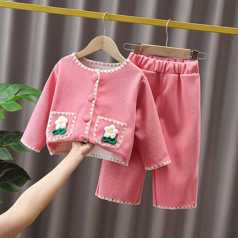 

Fashion Kids Girls Clothes Sets Spring Autumn Cute Long Sleeve O-Neck Floral Pockets Coat+Loose Pants 2Pcs Children Outfit Suit