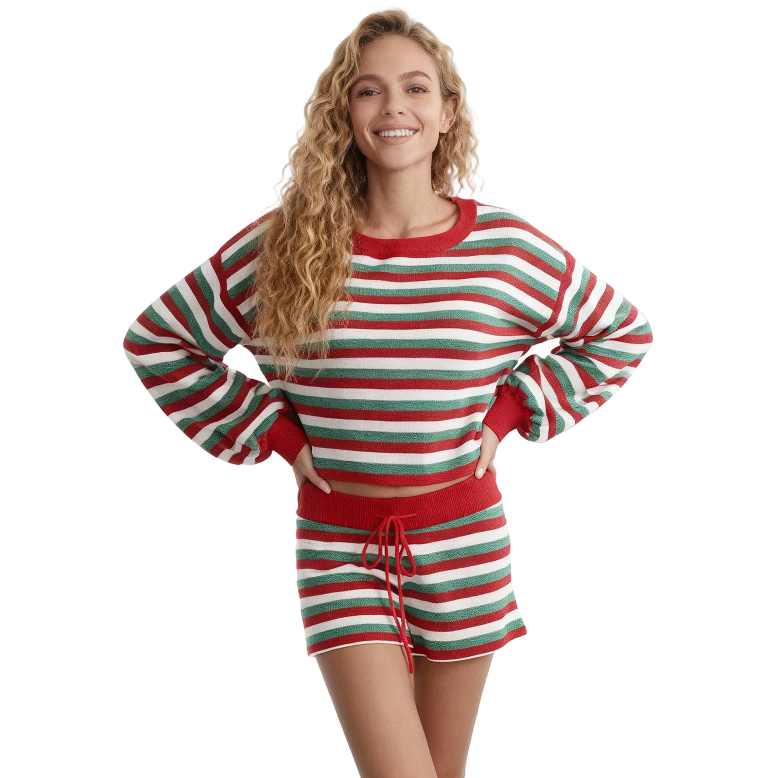 

Christmas Women s Sweater Set Lantern Long Sleeve Crew Neck Striped Knit Crop Tops Drawstring Waist Shorts Loungewear