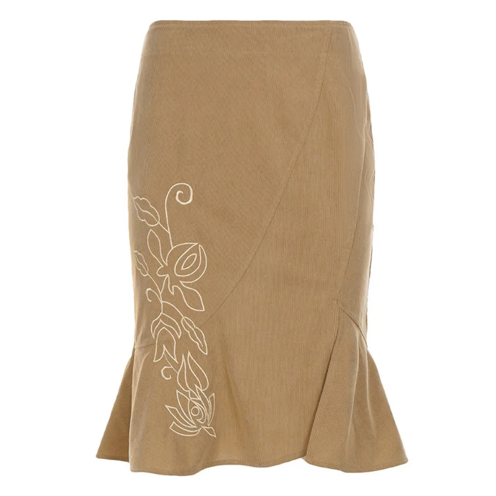 Vintage Embroidery Long Skirt High Waist Slim Fit Midi Skirt Elegant Side Split Printed Skirt Summer