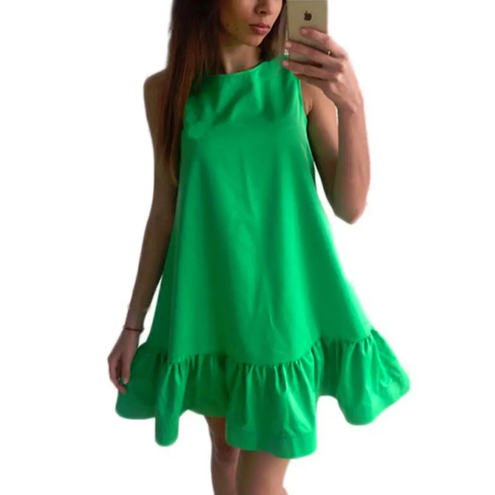 Vrouwen casual mouwloze gegolfde losse mini-jurk 2024 trend zomer effen strand chiffon jurk elegante vestidos kleding