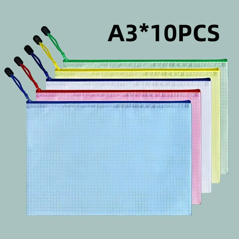 10 ชิ้น, A3 ตาข่ายซิปกระเป๋า, 5 สี, แฟ้มพลาสติกกันน้ําสําหรับจัดระเบียบโรงเรียนและอุปกรณ์สํานักงาน, เครื่องสําอาง, trave