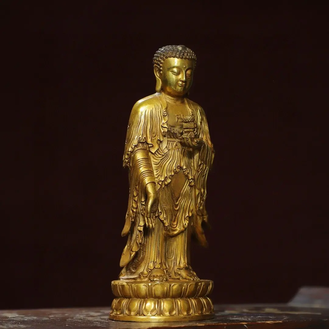 Vintage Gilt Pure Copper Standing Shakyamuni Amitabha Buddha Statue Antique Bronze Buddhist Figurine Home Altar Worship Decor Re