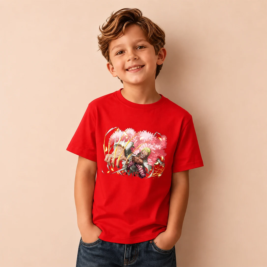 Kids T‑Shirt One Piece Donquixote Doflamingo Battle Action Print Short Sleeve Casual Tops Boys Girls Children Daily Tees
