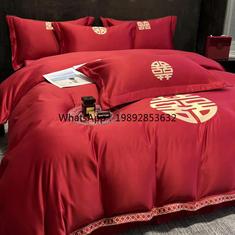 YSRed Washed Cotton Brushed Bed Four-Piece Wedding Bed Sheet Wedding Wedding Quilt Cover Fitted Sheet