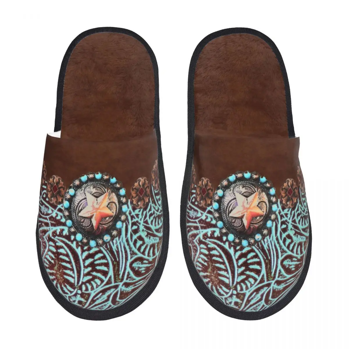 Custom Primitive Cowboy Brown Turquoise Leather Print House Slippers Women Soft Memory Foam Vintage Slip On Spa Slipper Shoes