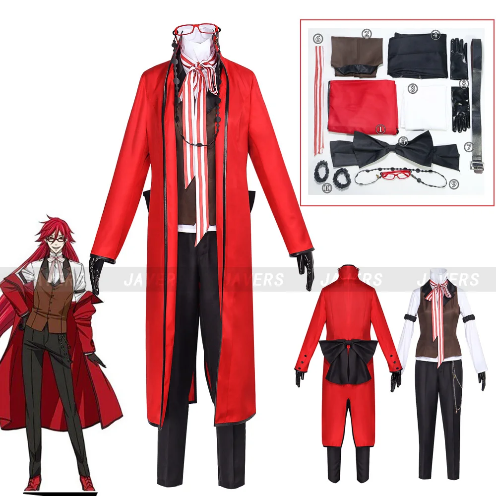 Anime Black Butler Grell Sutcliff Michaelis Ronald Knox Cosplay Costume Fancy Red Uniform Suit Halloween Role Play Party Suit