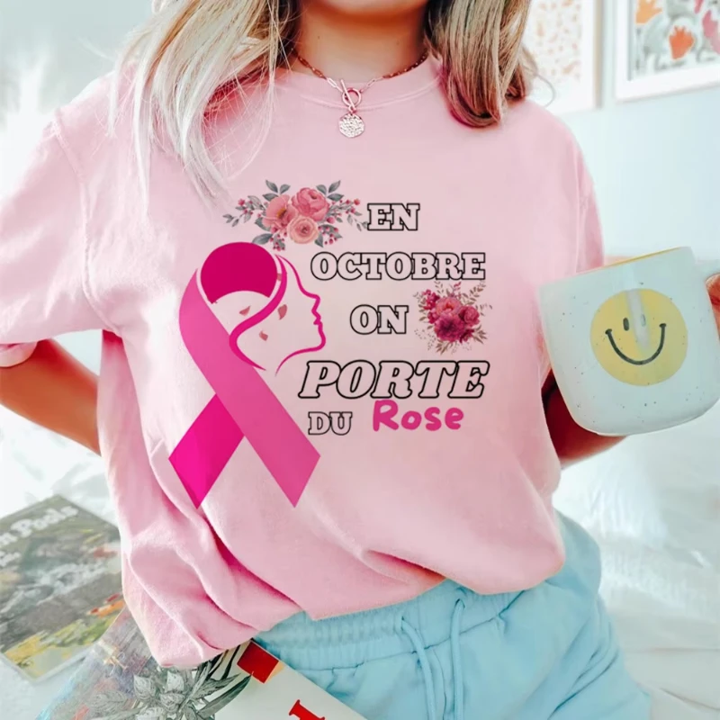 유방암 지원 존경 명예 유방암 인식 티셔츠 여성용 티셔츠 크루넥 반팔 티셔츠 의류