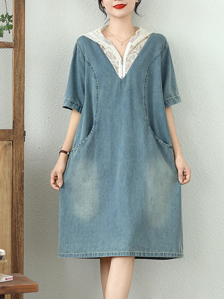 NYFS فستان صيفي 2025 النمط الكوري المرأة فضفاضة حجم كبير كم قصير الدانتيل هود فستان الدنيم رداء Elbise