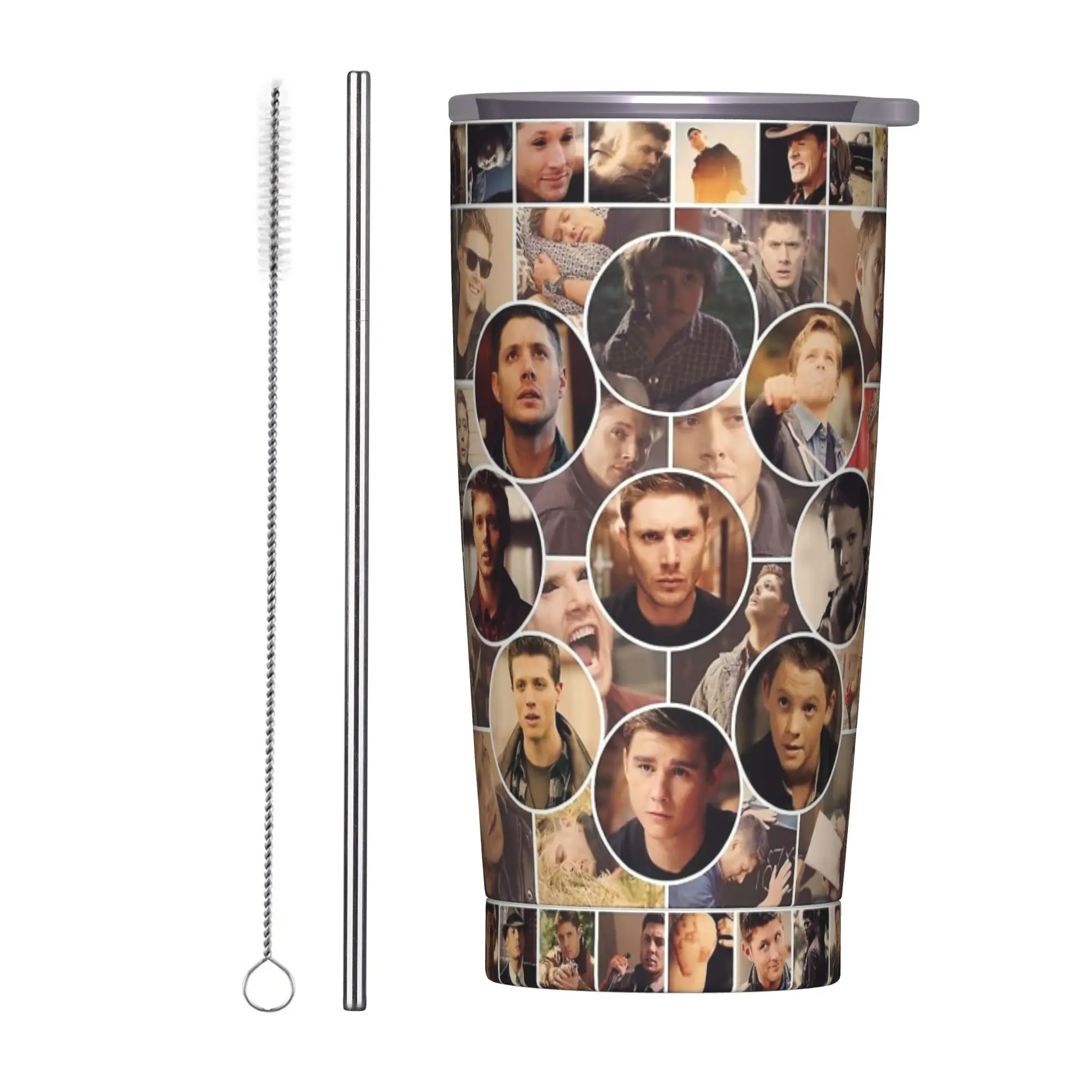Jensen Ackles collage Tumbler Vacuum Insulated Supernatural Movie Coffee Cups Stainless Steel Car Mug Water Bottle, 20oz