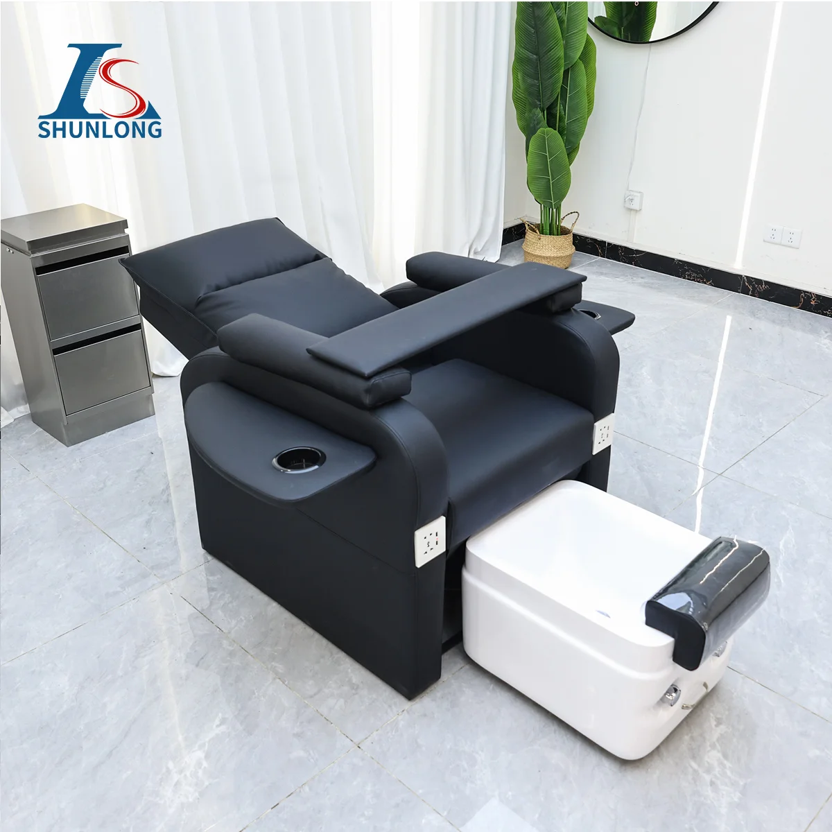 Black PU Pedicure Spa Chair Reclining Nail Salon Chair with Pull-out Foot Basin & Side Tray Beauty Furniture