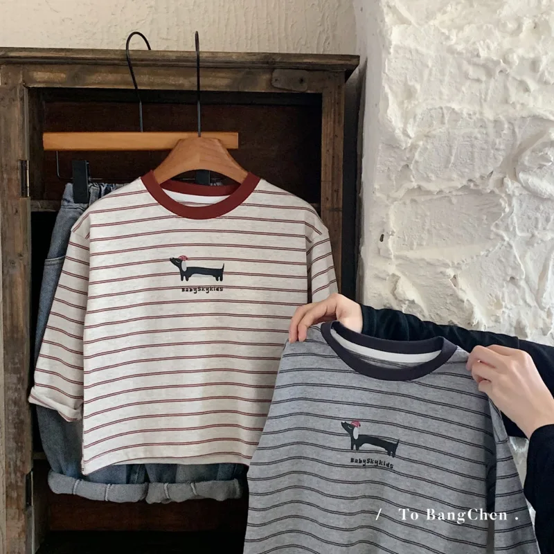 

Осень-зима 2022, хлопковая детская толстовка для мальчиков и девочек, полосатый пуловер с таксой и собакой, одежда для малышей 3-10 лет