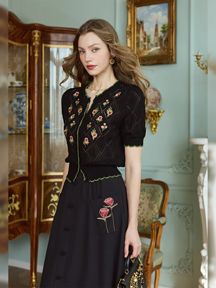 

Retro Sle ort Sve V-Ne Knitted Cardigan Embroidered Floral Design Bla Open Front Sweater for Women Summer Faion