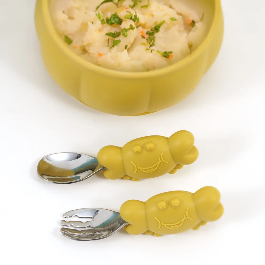 Bebe Feeding Spoon Fork Set Silicone Handle Cutlery Crab Lion Stainless Steel Utensils Baby Items With Free Shipping