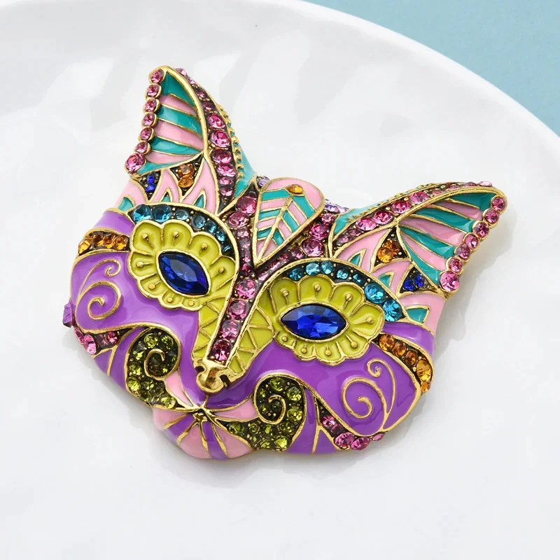 Luxury Multicolor Enamel Cat Fox Head Brooches Rhinestone Animal Women Party Brooch Pins 2022 Fashion Jewelry Gift