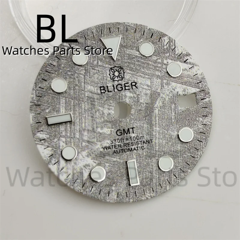 BLIGER 29mm Meteorite Watch Dial With Red GMT Hands Blue Red Bezel Suitable For 40mm Men\'s Watch Case NH34 Movement Luminous