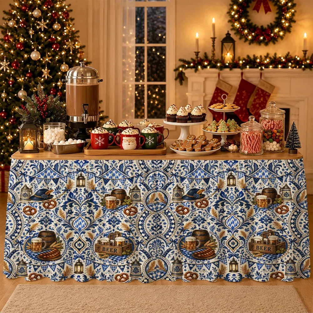 Blue White Tavern Damascus Beer Garden Chain Badge Beer Festival Tablecloth, Bavarian Party Decoration