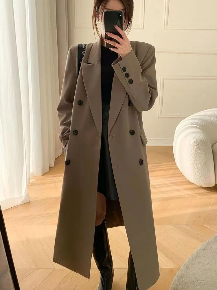 

Усовершенствованный утягивающий плащ для женщин среднего и длинного стиля, весна-осень, новый стиль, повседневное свободное двубортное длинное пальто для костюма