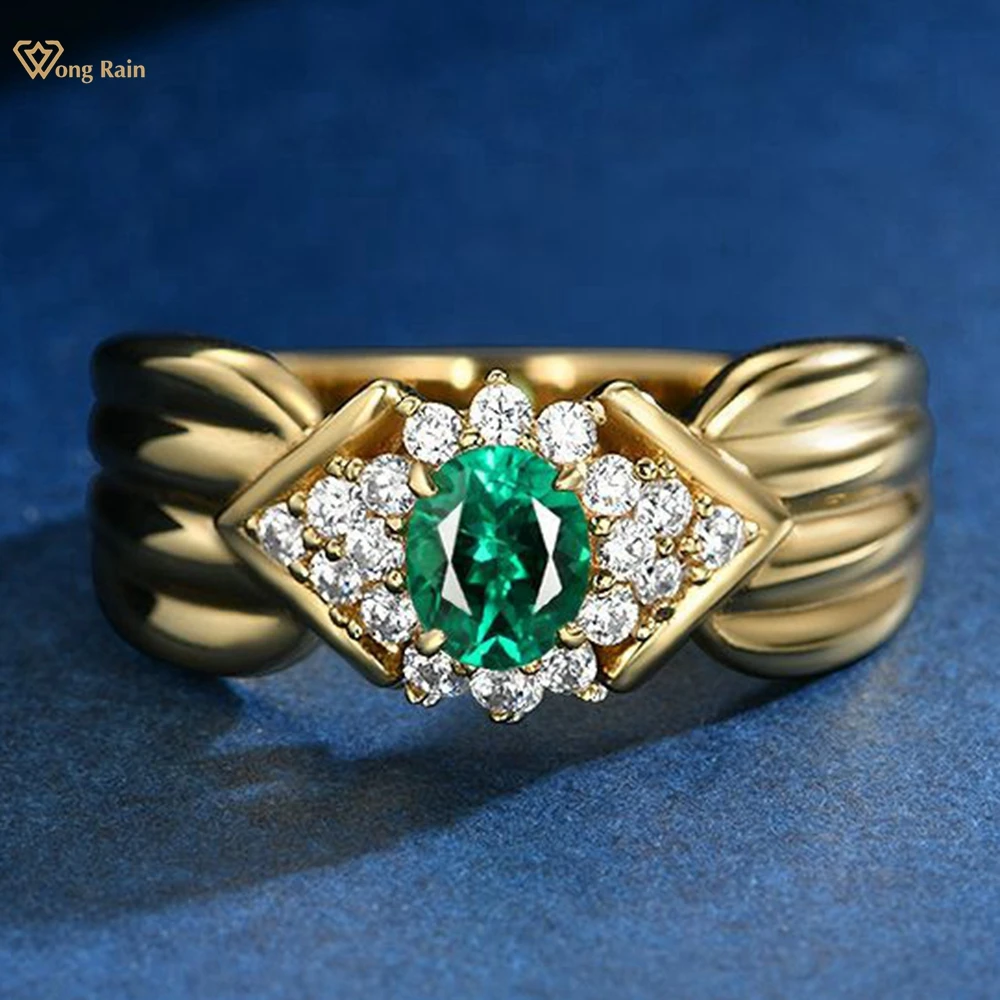 Wong Rain Vintage 925 Sterling Silver Oval Cut 4*6 MM Emerald High Carbon Diamond Gemstone Cocktail Party Ring Fine Jewelry Gift