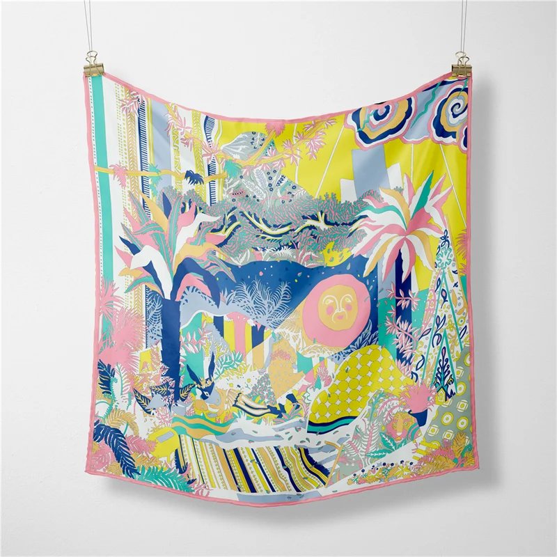 53 سنتيمتر ماركة مربع وشاح المرأة موضة حك 100% وشاح حريري شال تصميم الحجاب باندانا فولارد نبات الغابة الشمس رئيس منديل