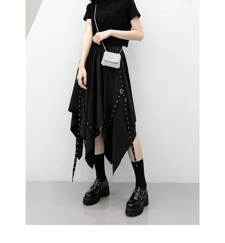 Frauen Unregelmäßige Röcke Gothic Punk Fracht Streetwear Lose Midi Rock Y2K Sommer Mode Weibliche Schwarz Falten Röcke
