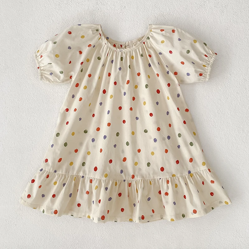 

New Girls Puff Sleeve Dress Summer Cute Colored Dots Printed Princess Dress Toddler Kids Clothes 2-6Y Ruffled Collar Clothing