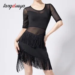 Women Competition Dance Clothes Set Half Sleeves Fringe Salsa Dresses Ballroom Ladies Latin Dress Ballroom tango Cha Cha Rumba