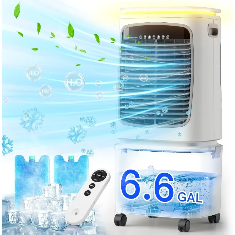 Portable Evaporative Air Cooler & Swamp Cooler - 6.6 Gal Tank, 3-in-1 Cooling Fan with Remote & LED Light, 120° Oscillation