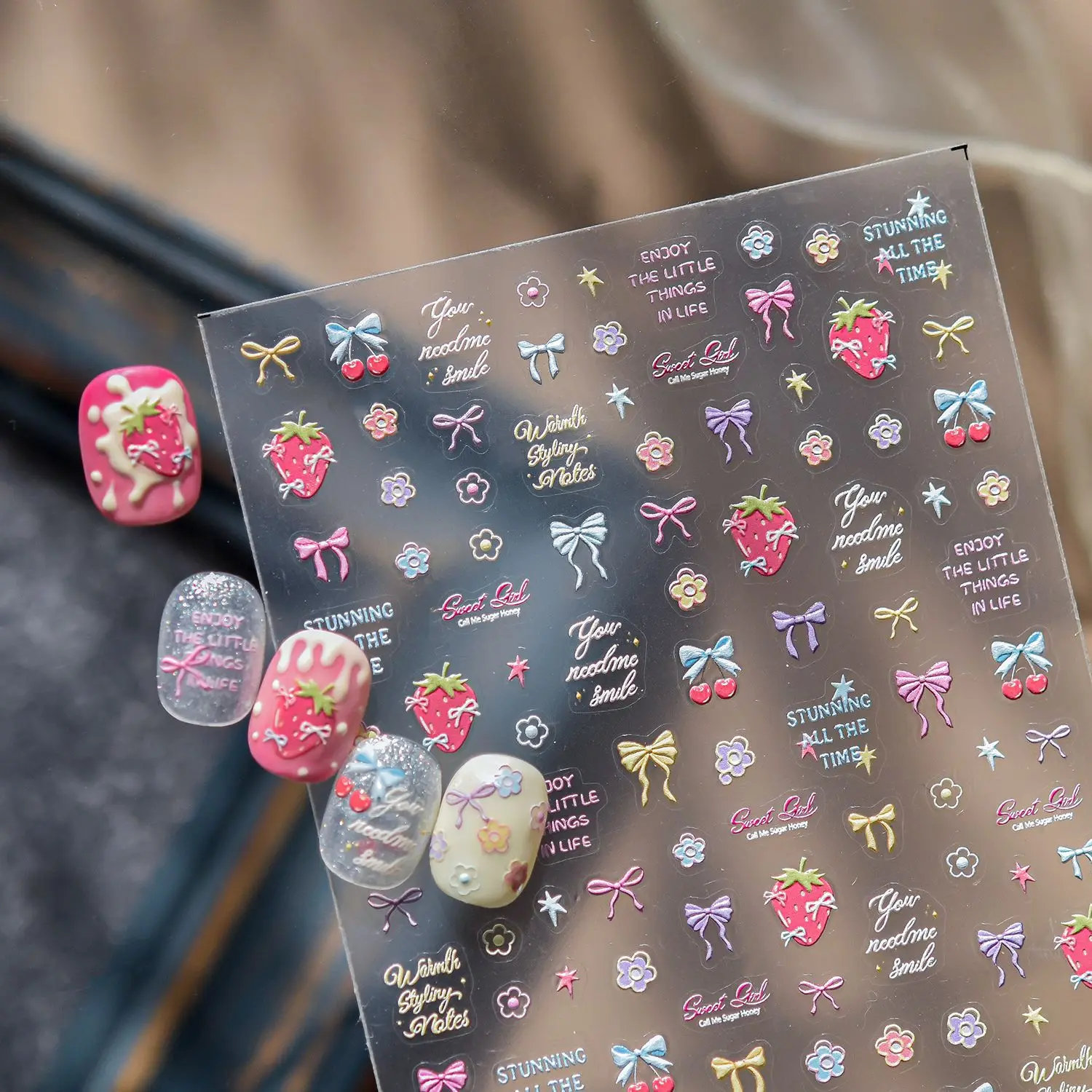 Sweet 5D Relief Bow Nail Sticker Colorful Bow Cherry Fruit N