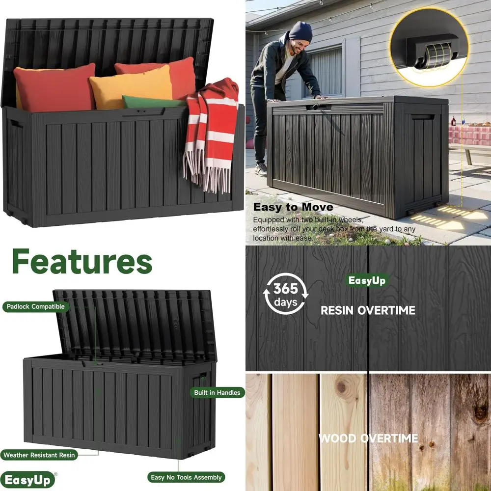 Caja de cubierta de resina, almacenamiento exterior de 75 galones, resistente al agua y a los rayos UV para estabilidad en el patio, el jardín y el área de la piscina