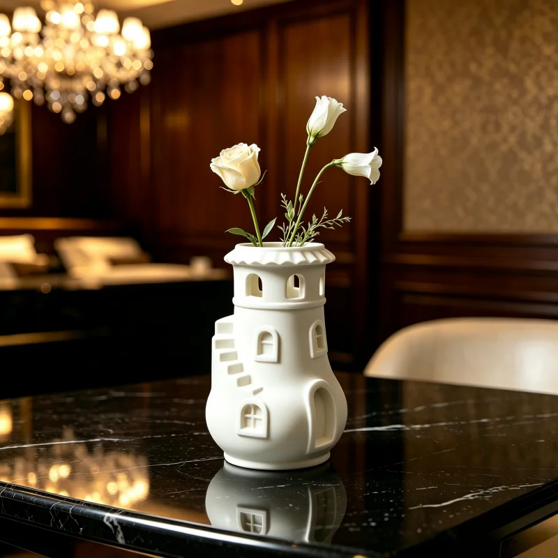 New Matte White Castle-Shaped Tabletop Flower Vase with 3D Architectural Relief, Eaves, Steps, Hollowed-Out Window Details, Rich and Delicate Texture, Smooth Porcelain Surface, Minimalist Romantic Aesthetic Design, Stable Base Suitable for Coffee Tables, Dressing Tables, Bookshelves, Flower Arrangements, Indoor Decor, Wedding Party Scene Decoration, Unique and Distinctive Home Decor Piece, Premium Choice for Holiday Gifts