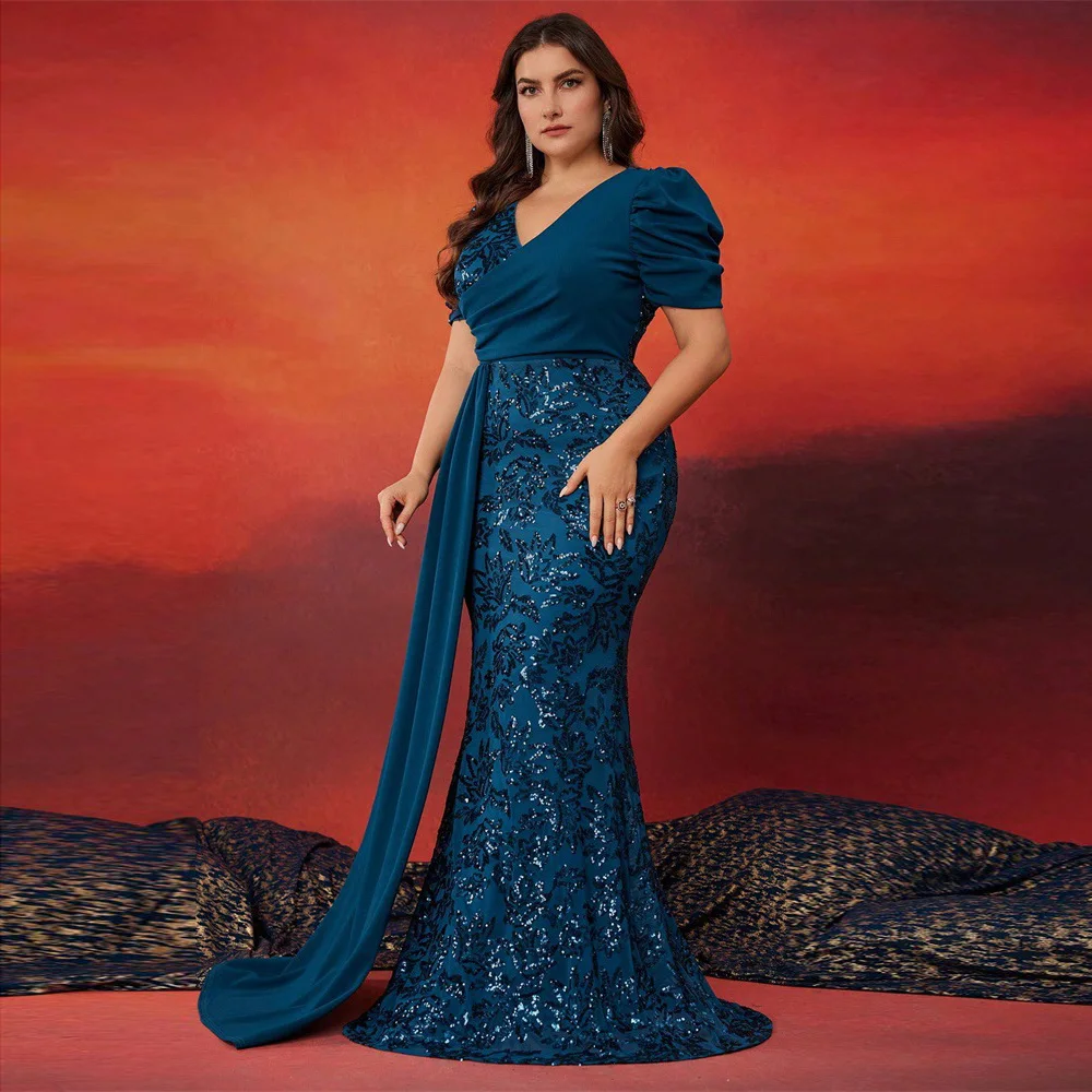DEERVEADO Women Plus Size Evening Dresses Elegant Mermaid V-Neck Party Maxi Dresses Formal Occasion Dress Long Evening Gown Gala